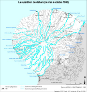 Carte -Les lahars de mai à octobre 1902,une répartition liée à l'emplacement de la source du cours d'eau (Montagne Pelée)
